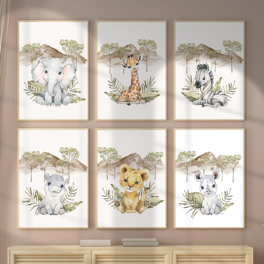 Baby Nursery Tree - Pôsteres de Girafa, Zebra, Elefante, Leão,